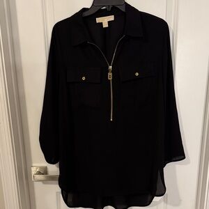 Michael Kors Black Long-Sleeve Half-Zip Tunic with Gold Hardware Details